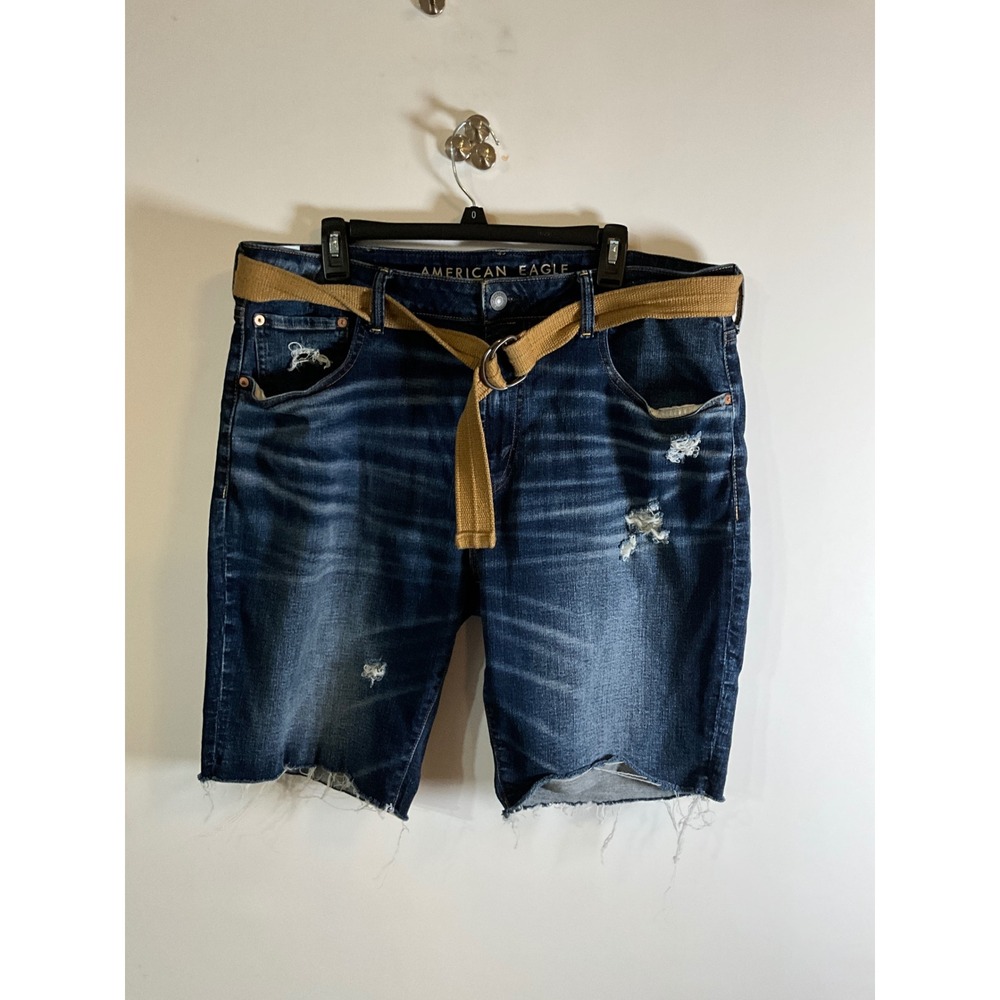 American Eagle Airflex+ Distressed Denim Shorts Mens 38 Dark Wash Cut Off Belted